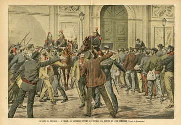 Illustration von Eugene Damblans (1865-1945) in Le Pelerin, 26/11/05 - Der Streik der Arsenale in Toulon, die Streikenden versuchen, die Miete ihrer Kameraden zu verhindern