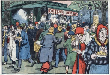 In Paris zieht ein Straßenhändler für Pommes Frites, ermutigt von der Regierung, durch die verschiedenen Viertel, um die Bevölkerung zum Fischessen zu ermutigen. Illustration von Damblans. In „Le Pelerin“ vom 11. April