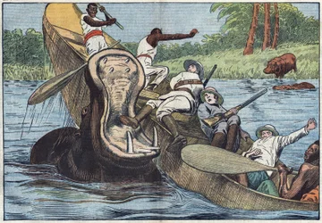 Auf dem Viktoriasee, Afrika, kentert ein Boot mit anglikanischen Missionaren und Einheimischen durch ein verwundetes Nilpferd. Illustration von Damblans. In „Le Pelerin“ vom 16. Mai
