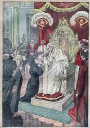 Die heilige Therese vom Kinde Jesus (oder Lisieux 1873-1897) noch als junges Mädchen zu Füßen von Papst Leo XIII., sie erhielt die Erlaubnis, mit fünfzehn Jahren 1888 in den Karmel einzutreten - Illustration von Damblans von 1923