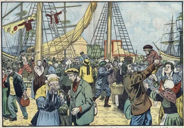Die Rückkehr des Kabeljaus nach Saint-Malo: Die Terres-Neuvas fischten und trafen sich mit ihren Familien. Illustration von Damblans. In „Le Pelerin“ vom 7. Oktober