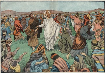 Die Brotvermehrung: am Ufer des Sees Tiberias sättigt Jesus Christus (Jesus Christus) die Bevölkerung, indem er fünf Gerstenbrote und zwei Fische vermehrt. Illustration von Damblans. In „Le Pelerin“ vom 18. März