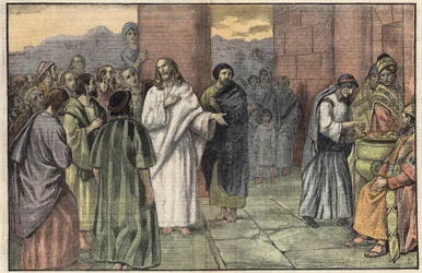 Das Opfer der Witwe. Evangelium nach Markus, Kapitel 12, V. 41-44. Illustration von Damblans. In „Le Pelerin“ vom 28. Juni