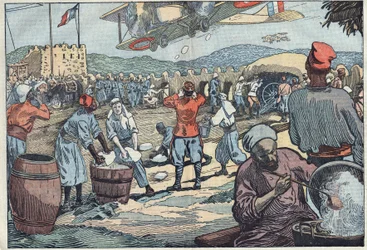 Krieg in Marokko: Französische Flugzeuge versorgen ein von abtrünnigen Marokkanern belagertes Blockhaus mit Eis. Illustration von Damblans. In „Le Pelerin“ vom 24. Mai