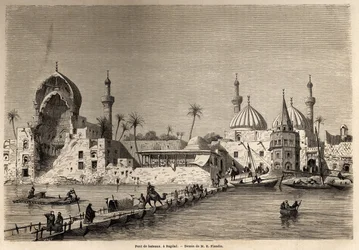 Eine Bootsbrücke in Bagdad, Zeichnung von Eugene Flandin, zur Illustration seiner Reise nach Mesopotamien 1840-1842. Gravur in "Le tour du monde" 1861. Sammlung Selva.