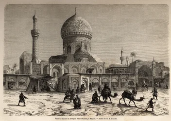 Der Marktplatz und die Ahmet-Khiaia-Moschee in Bagdad, Zeichnung von Eugene Flandin (1809-1876), Illustration seiner Reise nach Mesopotamien 1840-1842. Gravur in „Le tour du monde“ 1861. Selvas Sammlung