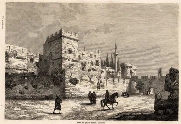 Der Palast der Großmeister in Rhodos, Zeichnung von Eugene Flandin, zur Illustration seiner Reise zur Insel Rhodos im Jahr 1844. Gravur in „Le tour du monde“, herausgegeben von Edouard Charton