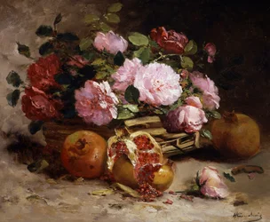 Stillleben mit rosa Rosen und Granatäpfeln
