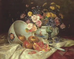 Stillleben mit Blumen in einer chinesischen Vase mit Granatäpfeln