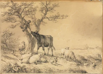Landschaft mit Tieren und Junge im Baum, 1866