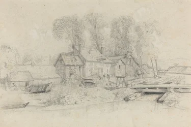 Flusslandschaft mit Gebäuden, Booten und Figuren, ca. 1858
