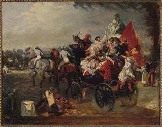 Kutsche mit Männern und Frauen in Kostümen auf den Champs-Elysees, 1834
