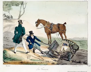 Kutschenunfall verursacht durch die Schiene. Illustration des Buches „La vie de château“. Gravur von Eugene Louis Lami (1800-1890)
