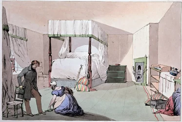 Gasthaus: Ein Diener hilft einem Kunden beim Anziehen der Schuhe. Illustration von Eugene Louis Lami (1800-1890), Mitte des 19. Jahrhunderts