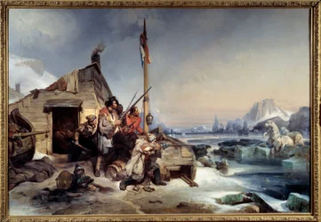 Winter einer Mannschaft niederländischer Seeleute an der Küste von Nowaja Semlja. Eisbärenjäger auf den arktischen Inseln von Nowaja Semlja.
