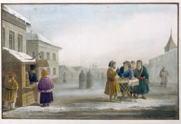 Tabakhändler vor einem Tabakladen in Russland