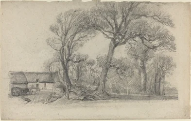 Landschaft mit Bäumen, Hütte und Bauernwagen