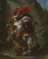 Arabischer Reiter von einem Löwen angegriffen, 1849-50