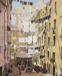 Straße im alten Viertel von Genua, Italien (Farbfoto)