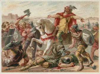 Bekehrung von Chlodwig I. zum Christentum in der Schlacht von Tolbiac, 496