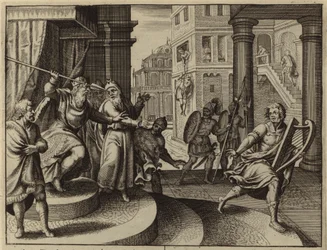 David flieht nach Sauls Mordversuch (Gravur)