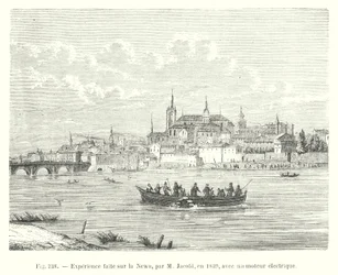 Erfahrung gemacht auf der Newa, von M Jacobi, 1839, mit einem Elektromotor