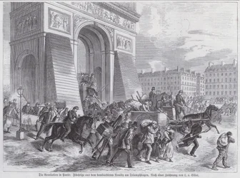 Flüchtlinge vor dem Bombardement der französischen Armee auf Neuilly passieren den Arc de Triomphe, Pariser Kommune, April 1871