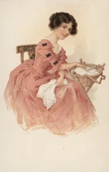 Mädchen in Rosa mit einem Nähkorb