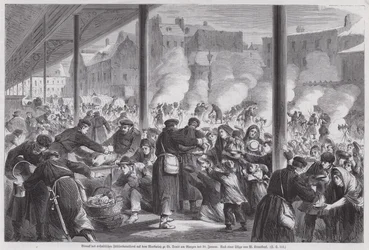 Hungrige Pariser betteln um Essen bei deutschen Soldaten auf dem Marktplatz von St. Denis nach dem Ende der Belagerung von Paris