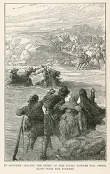 Im nächsten Moment kämpfte das Pferd des jungen Pawnee mit dem Strom (Gravur)