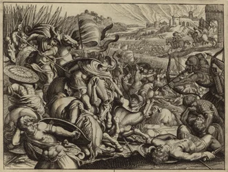 Israeliten besiegen die Benjaminiten und verbrennen ihre Stadt (Gravur)