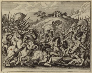 Josua und die Israeliten besiegen die Amalekiter, während Mose auf einem Berg betet