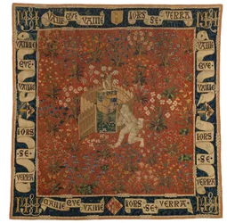 Mille fleurs Wandteppich, der Grün, Wappen und einen wilden Mann darstellt, ca. 1500 (Wolle)
