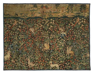 Mille-fleurs-Wandteppichfragment mit Tieren, Vögeln und Landschaft, um 1500