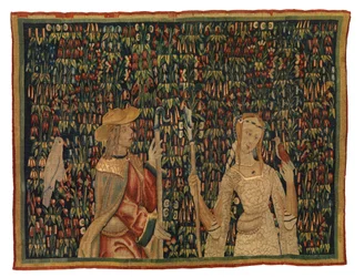 Mille-fleurs-Wandteppichfragment, Darstellung von Schäfer und Schäferin oder Dame und Jüngling