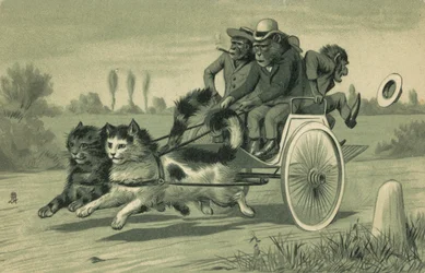 Affen fahren eine Kutsche, die von zwei Katzen gezogen wird