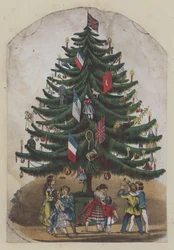 Menschen unter einem Weihnachtsbaum, Grußkarte