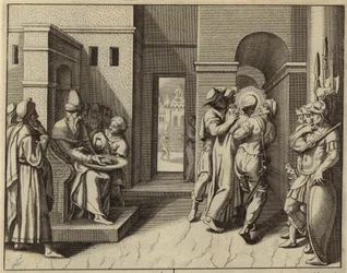 Pontius Pilatus wäscht sich die Hände, nachdem Jesus Christus zum Tode verurteilt wurde (Gravur)