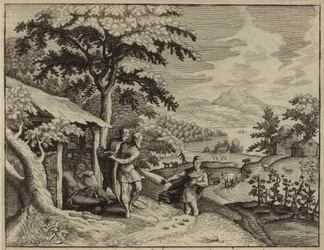 Sem und Japhet bedecken die Blöße ihres Vaters Noah (Gravur)
