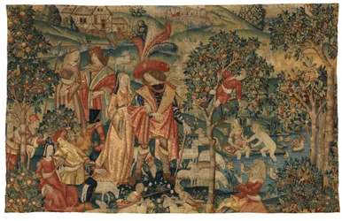 Wandteppich, der eine pastorale Szene mit Obsternte darstellt, oder Der Seigneur in seinem Park oder Ländliche Allianz und Obsternte, um 1500 (Wolle & Seide)