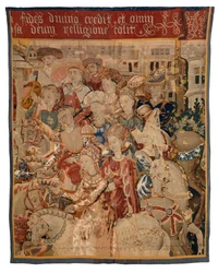 Wandteppichfragment mit Damen und Herren zu Pferd, oder Paris kehrt mit Helena zurück, oder Die Rückkehr von der Kampagne