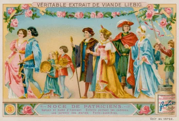 Die Ehrengäste, Kinder, die die Geschenke tragen, die Eltern des Brautpaares, Fahnenträger