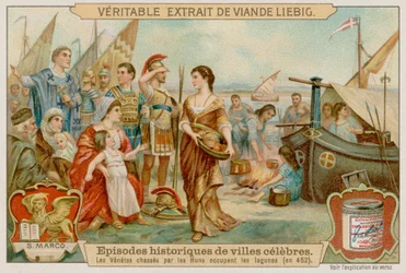 Die Venezianer werden 452 von den Hunnen in die Lagune getrieben