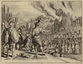 Die Trompeten Josuas bringen die Mauern von Jericho zum Einsturz (Stich)