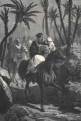 Cervantes reitet mit einer Frau in einer Oase