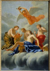 Die Geburt der Liebe. Venus bringt Amor zur Welt. Gemälde aus der Werkstatt von Eustache Le Sueur (1617-1655), 17. Jahrhundert. Maße: 1,82 x 1,25 m.
