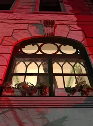 Figur im Fenster von Sirenen beleuchtet, Brooklyn