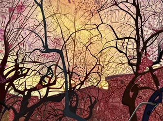 Oranger Himmel, Gebäude und Bäume im Frühling