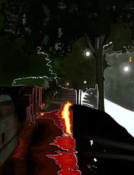 Rotes Licht auf Gehweg nach Regen reflektiert, NY, Morgendämmerung