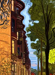 Dachlinie und Baumreihe bei Sonnenuntergang